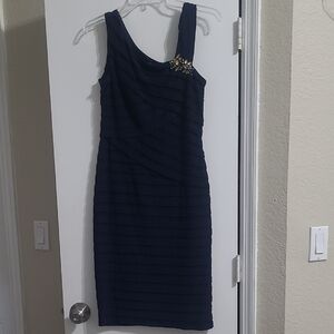 Xscape One Shoulder Navy Dress with Embellishment